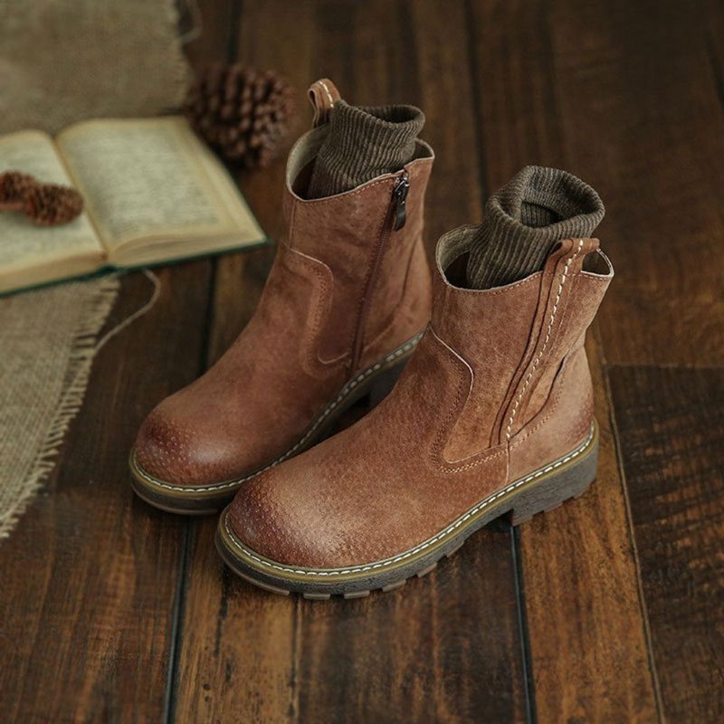 Bottes À Fermeture Éclair Latérale En Cuir Suédé Rétro Automne-hiver