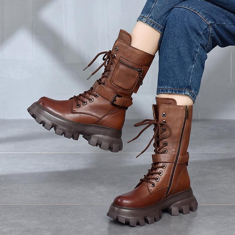 Bottes D'hiver En Cuir En Peluche À Tête Ronde Pour Femmes