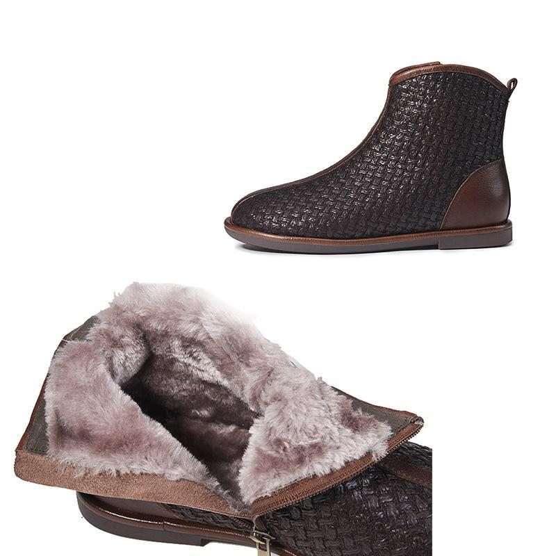 Bottes D'hiver Pour Femmes En Peluche Tissées En Cuir Rétro Faites À La Main