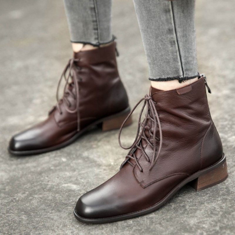 Bottes Martin En Cuir Simples À Lacets Pour Femmes