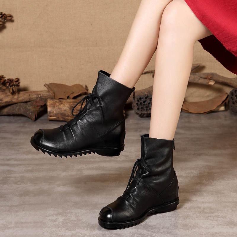 Bottes Martin En Cuir À Talons Bas Et Fermeture Éclair Pour Femmes