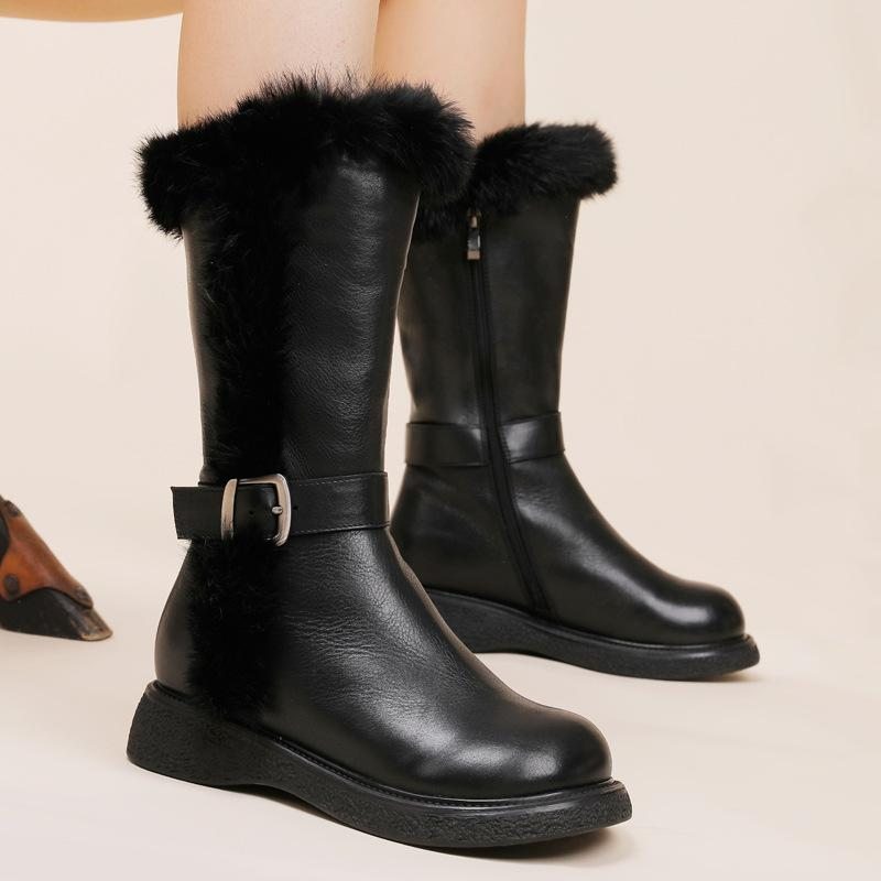 Bottes De Neige En Cuir Avec Ceinture En Fausse Fourrure Pour Femme