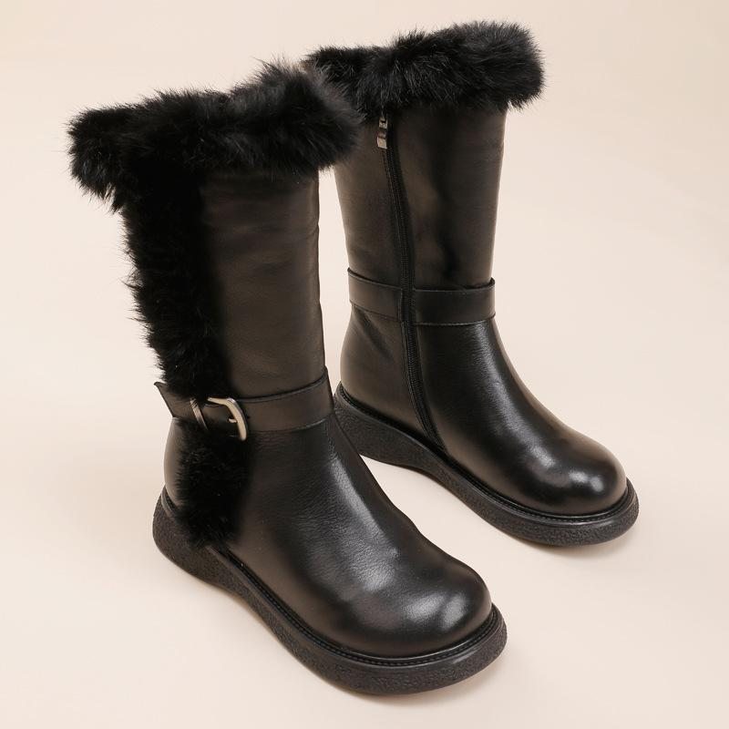 Bottes De Neige En Cuir Avec Ceinture En Fausse Fourrure Pour Femme