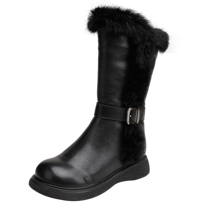 Bottes De Neige En Cuir Avec Ceinture En Fausse Fourrure Pour Femme