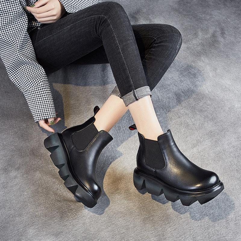 Bottes De Neige Décontractées En Cuir À Plate-forme Rétro Automne-hiver