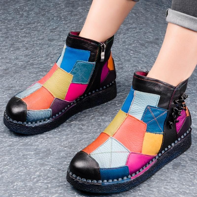 Bottes Plates-formes Confortables En Cuir À Couture Patch Multicolore Rétro