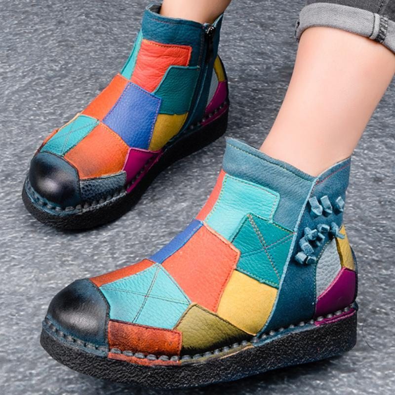 Bottes Plates-formes Confortables En Cuir À Couture Patch Multicolore Rétro