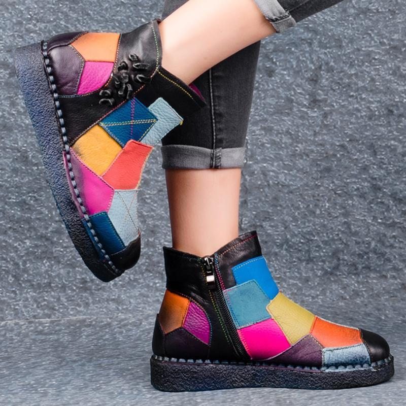 Bottes Plates-formes Confortables En Cuir À Couture Patch Multicolore Rétro