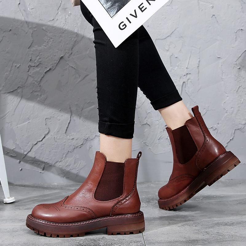 Bottes Rétro En Cuir À Tête Ronde Pour Femme Automne Hiver