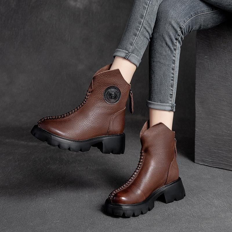 Bottes Simples Compensées En Cuir Rétro Pour Femmes