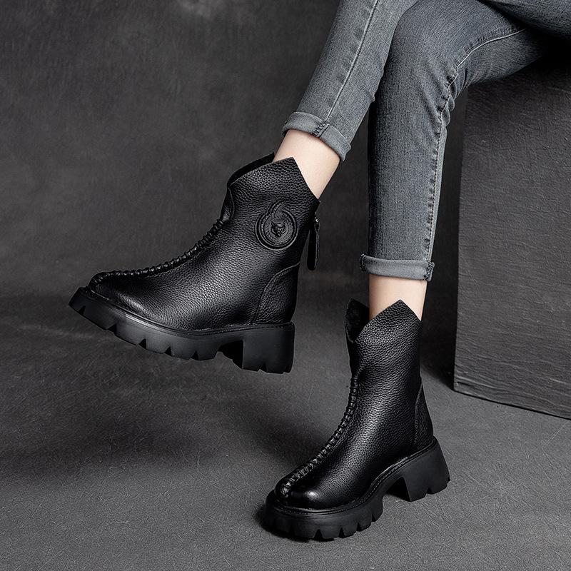 Bottes Simples Compensées En Cuir Rétro Pour Femmes