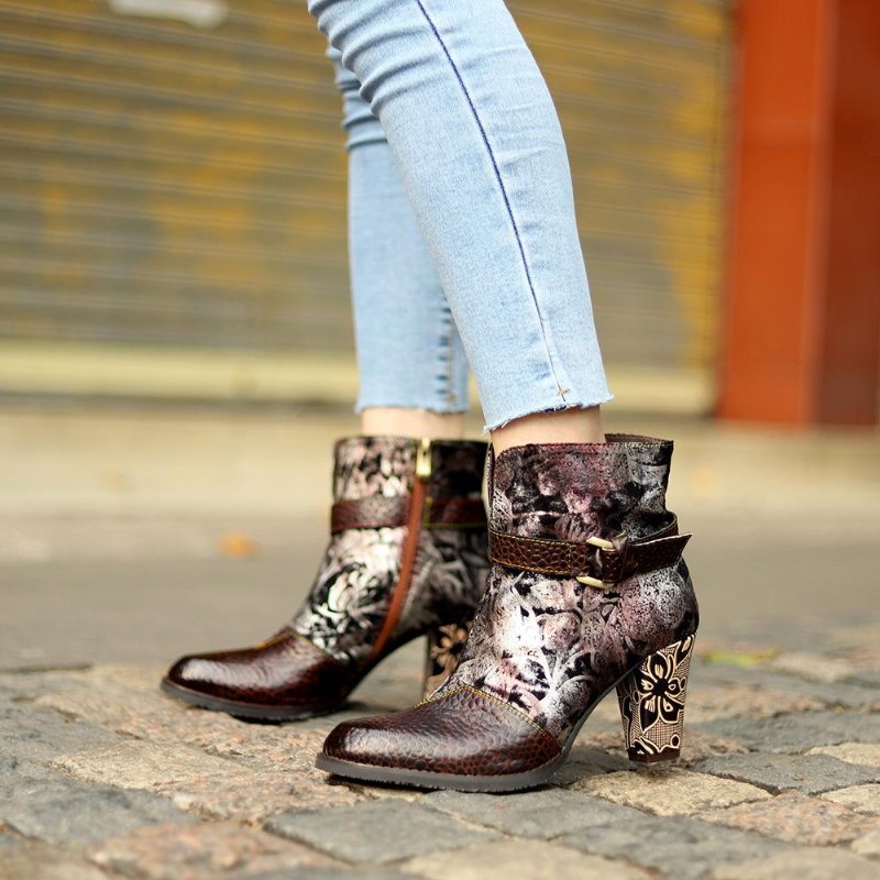 Bottes À Talons Hauts À Imprimé Floral Rétro Automne-hiver