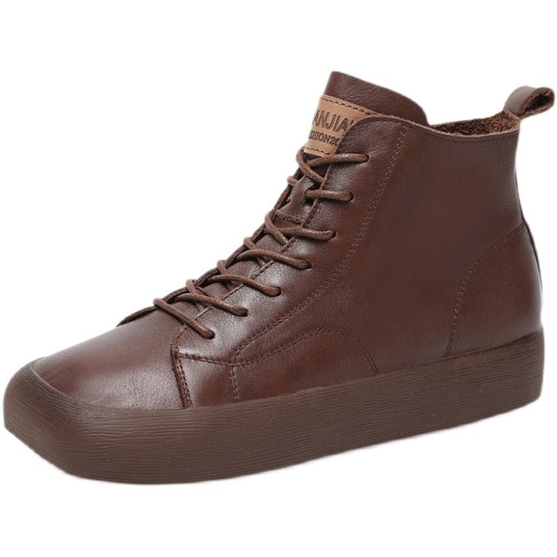 Bottes À Tête Carrée Plates Décontractées En Cuir Rétro Printemps Automne