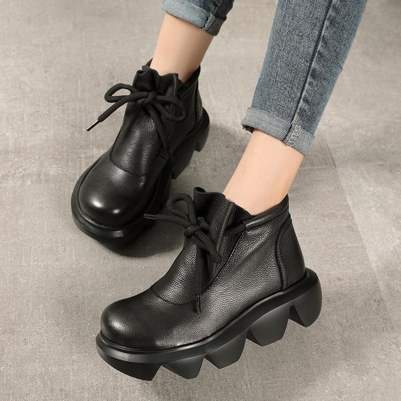 Bottes À Tête Ronde En Cuir Rétro Automne-hiver