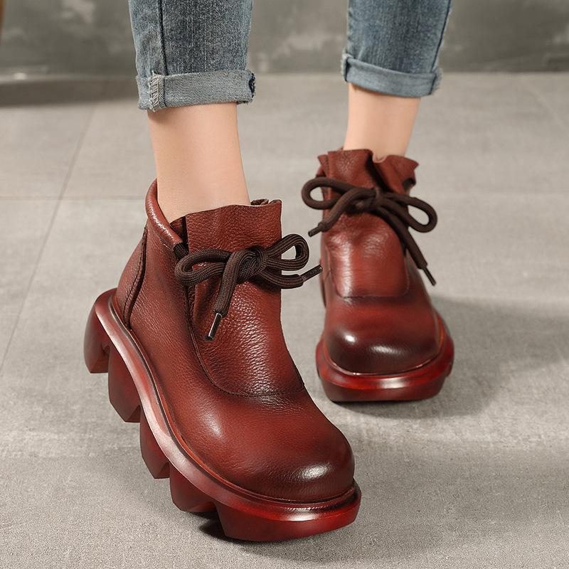 Bottes À Tête Ronde En Cuir Rétro Automne-hiver