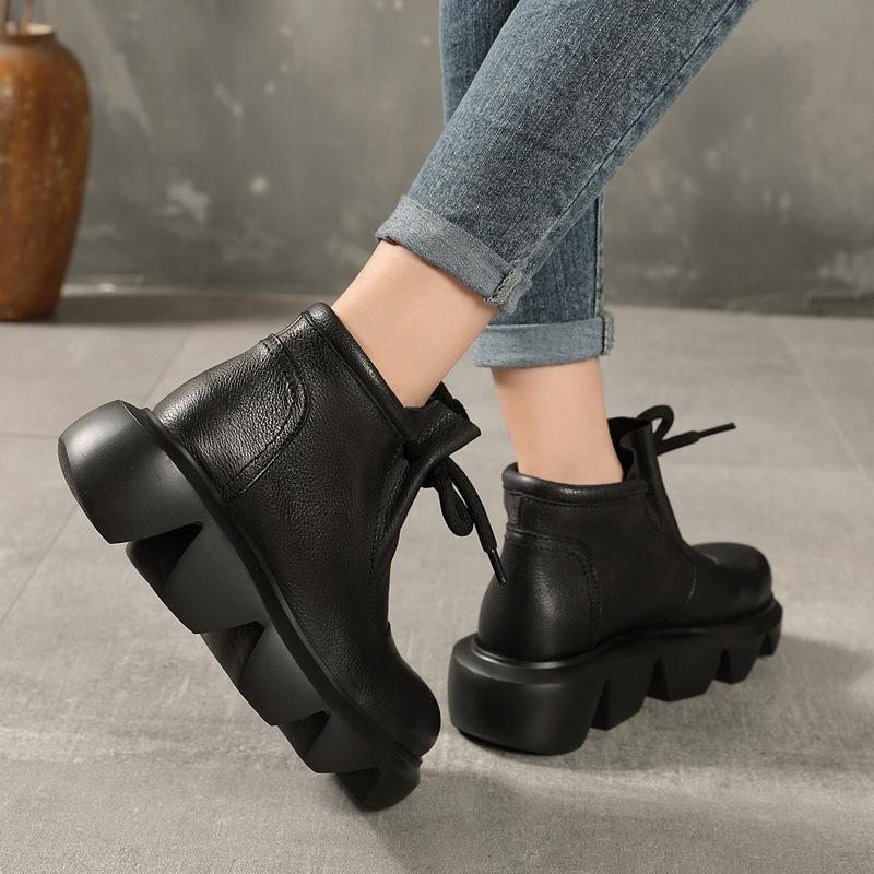 Bottes À Tête Ronde En Cuir Rétro Automne-hiver