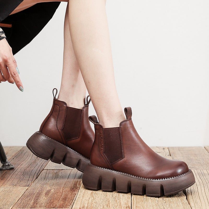 Bottes À Tête Ronde En Cuir Rétro Pour Femmes