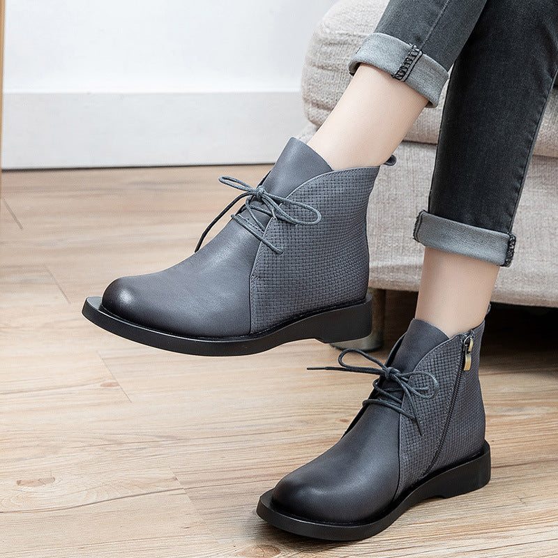 Bottes À Tête Ronde En Cuir Rétro Pour Femmes Printemps Automne