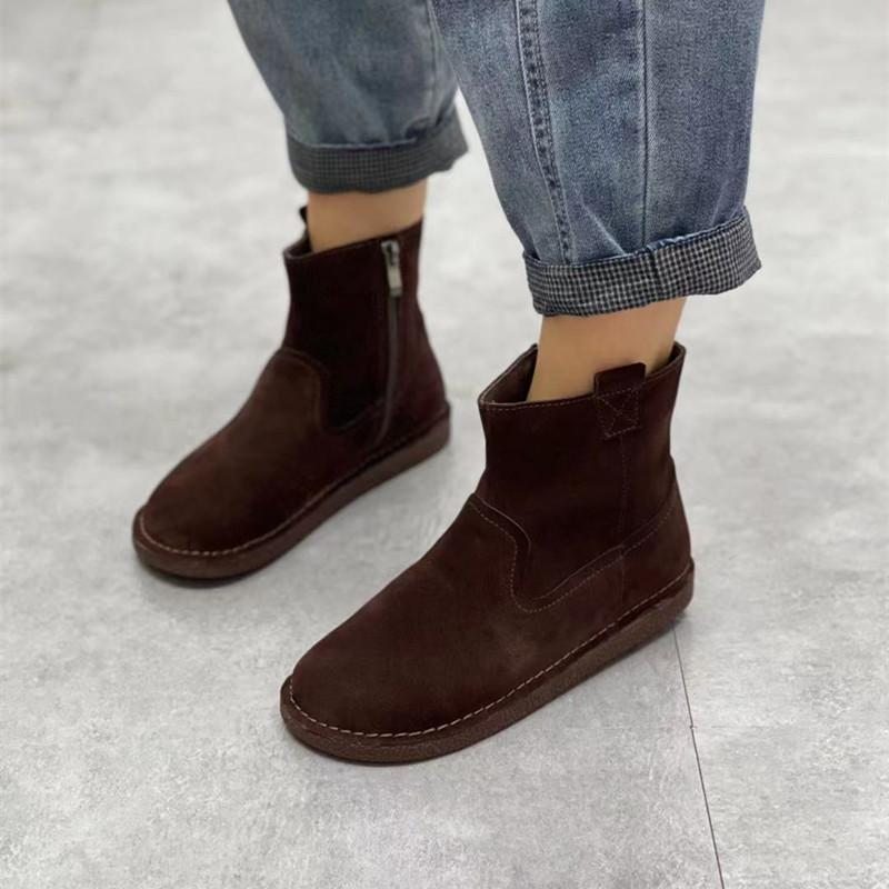 Bottes À Tête Ronde À Fermeture Éclair En Cuir Rétro D'automne