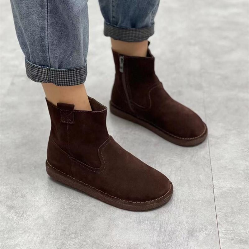 Bottes À Tête Ronde À Fermeture Éclair En Cuir Rétro D'automne