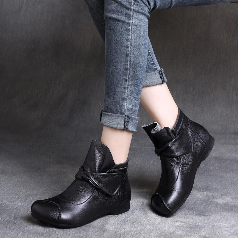 Bottes Velcro À Fond Souple Faites À La Main En Cuir Rétro Ethnique Automne Hiver