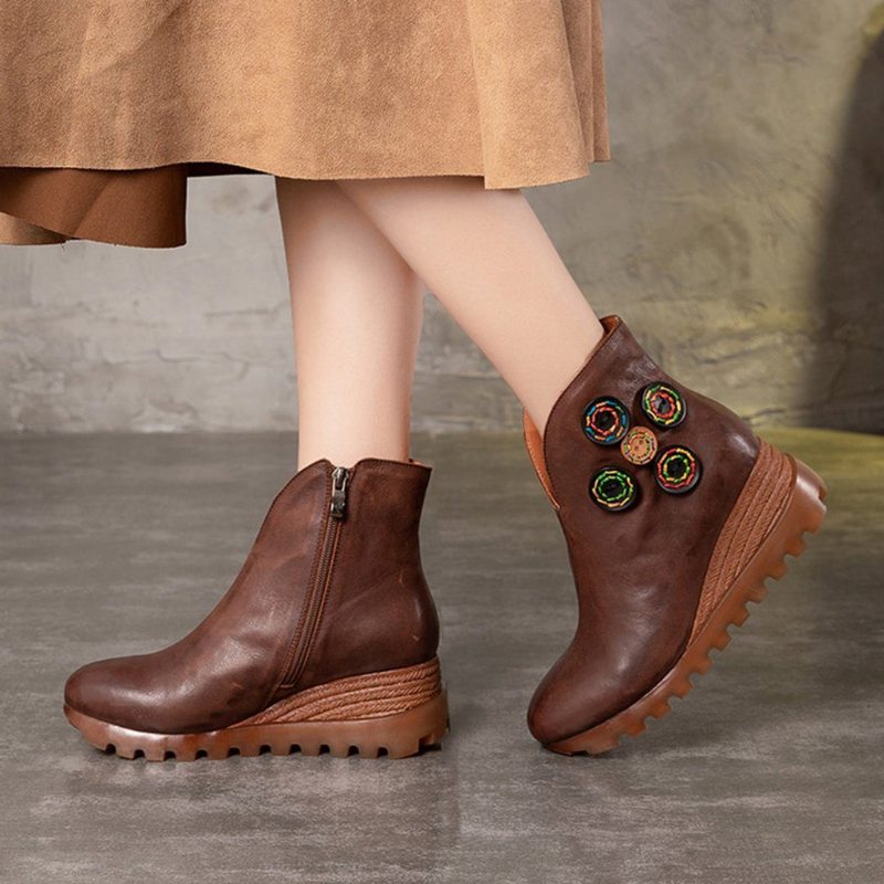 Bottines En Cuir Pour Femmes Bottes Rétro À Plateforme