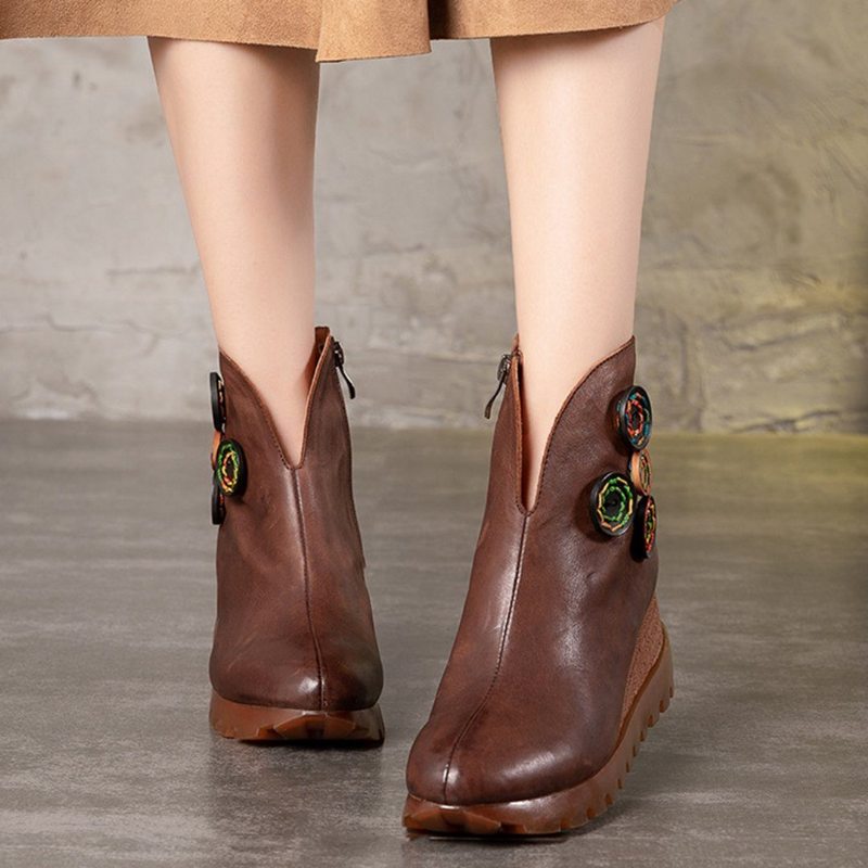 Bottines En Cuir Pour Femmes Bottes Rétro À Plateforme