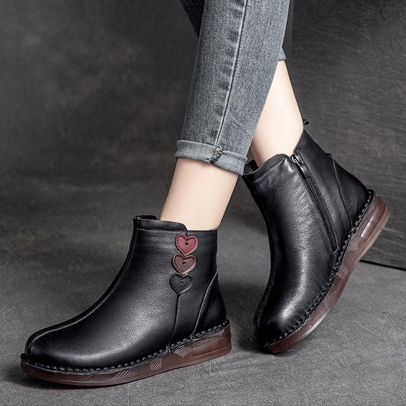 Bottines Décontractées En Cuir Avec Cœur D'amour En Peluche Rétro D'hiver