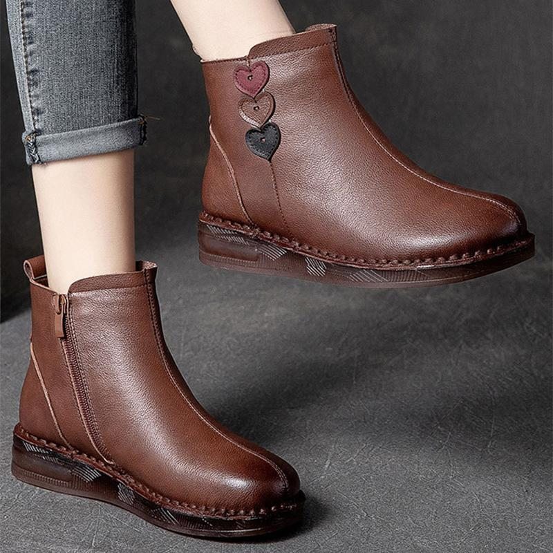 Bottines Décontractées En Cuir Avec Cœur D'amour En Peluche Rétro D'hiver