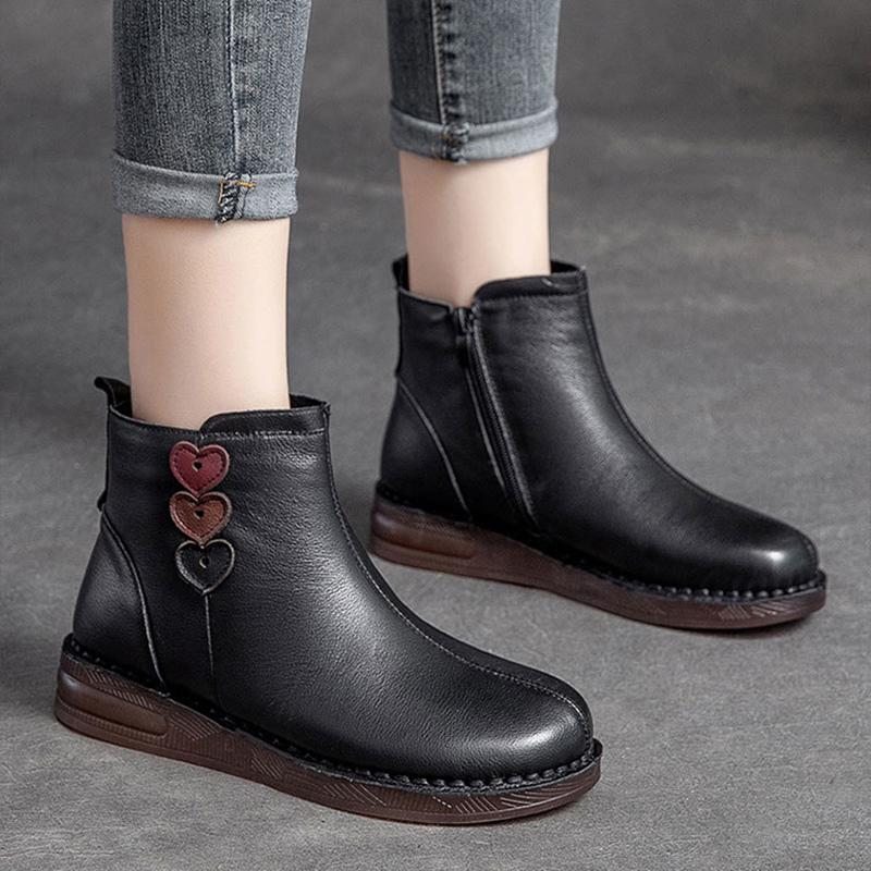 Bottines Décontractées En Cuir Avec Cœur D'amour En Peluche Rétro D'hiver