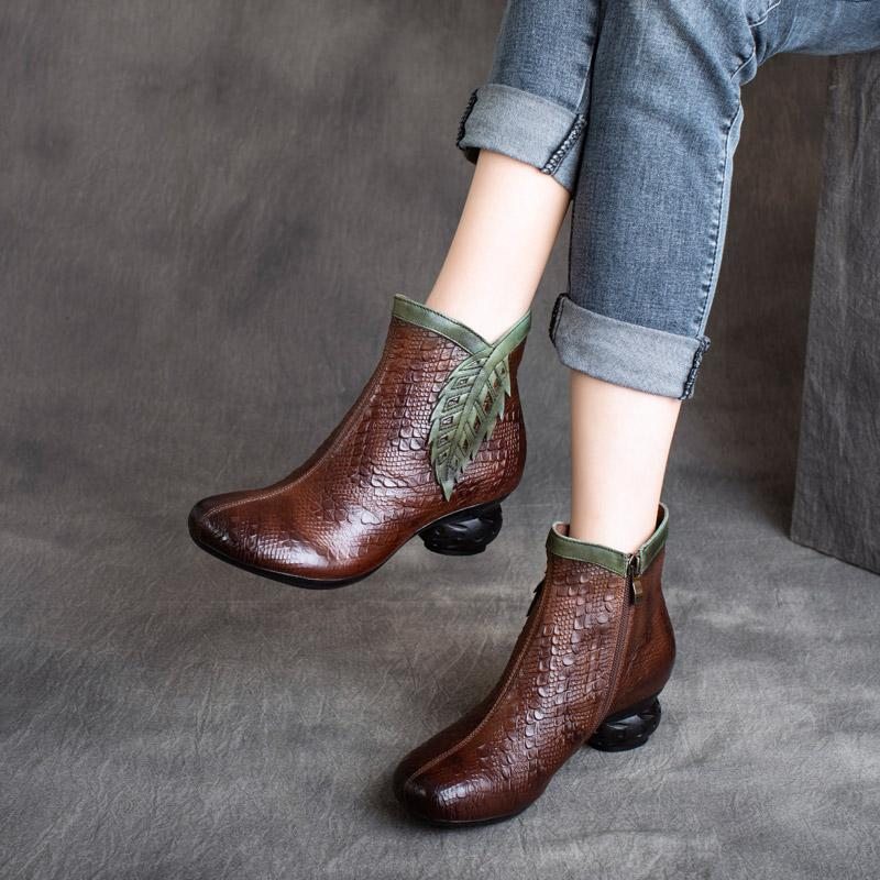 Bottines Décontractées En Feuille De Cuir Rétro Printemps Hiver