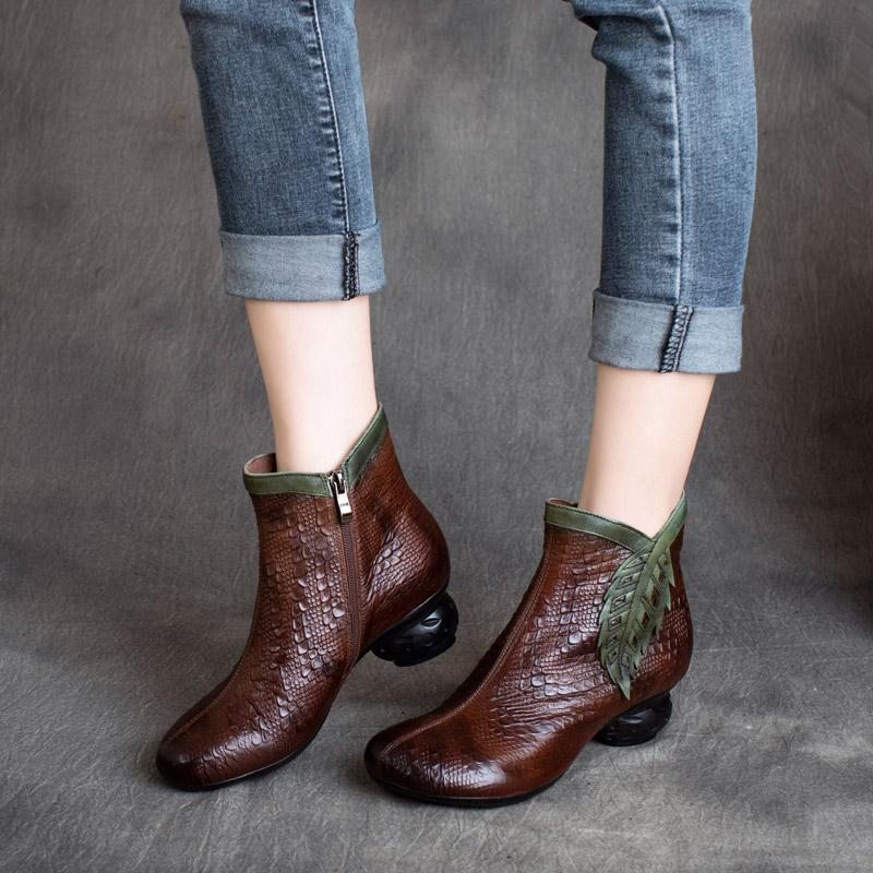 Bottines Décontractées En Feuille De Cuir Rétro Printemps Hiver