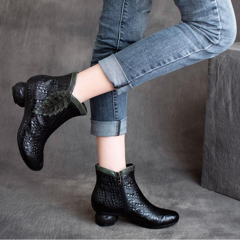 Bottines Décontractées En Feuille De Cuir Rétro Printemps Hiver