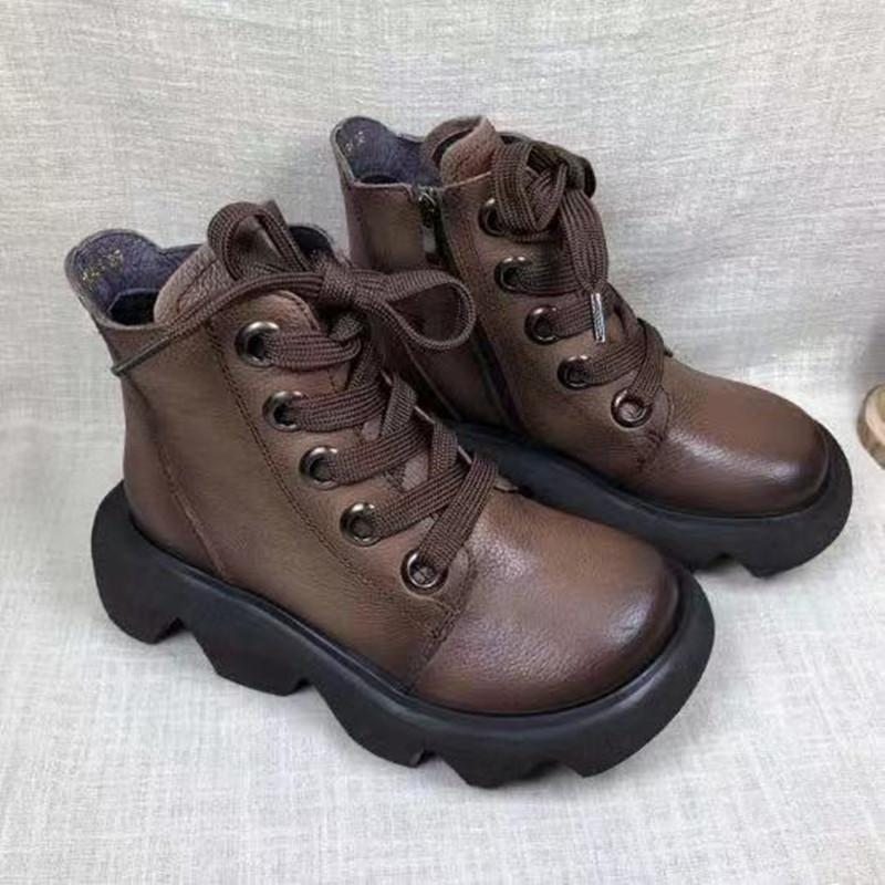 Bottines Rétro En Cuir À Tête Ronde D'automne Et D'hiver