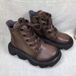 Bottines Rétro En Cuir À Tête Ronde D'automne Et D'hiver