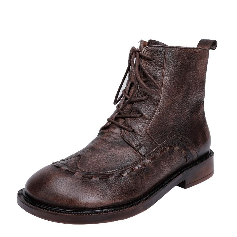 Bottines À Tête Ronde En Cuir Rétro D'automne