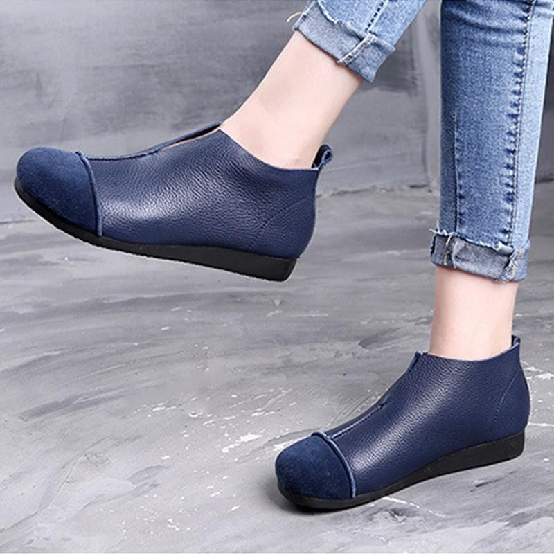 Femmes Automne Rétro Cuir Bleu Bottes