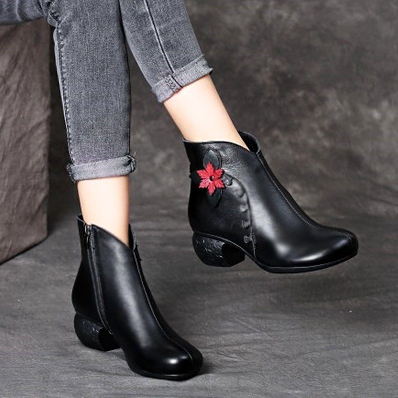 Femmes Hiver Printemps En Peluche Rétro Floral En Cuir Bottes Décontractées