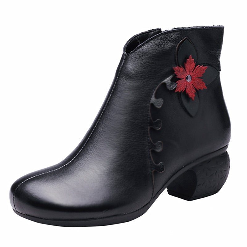 Femmes Hiver Printemps En Peluche Rétro Floral En Cuir Bottes Décontractées