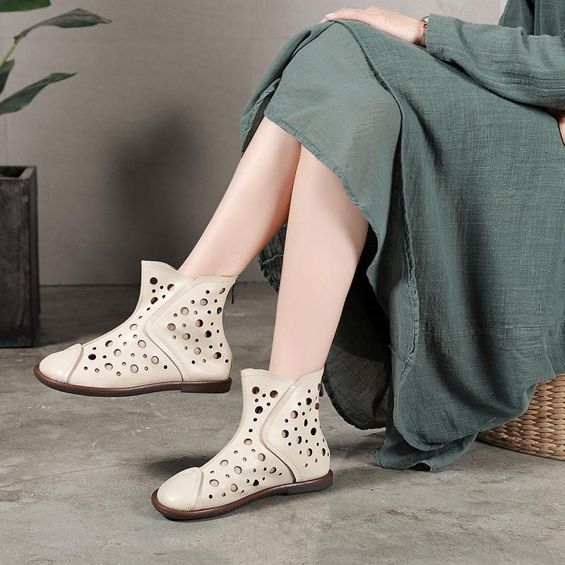 Nouvelles Bottes En Cuir Rétro Creuses Faites À La Main Pour Femmes