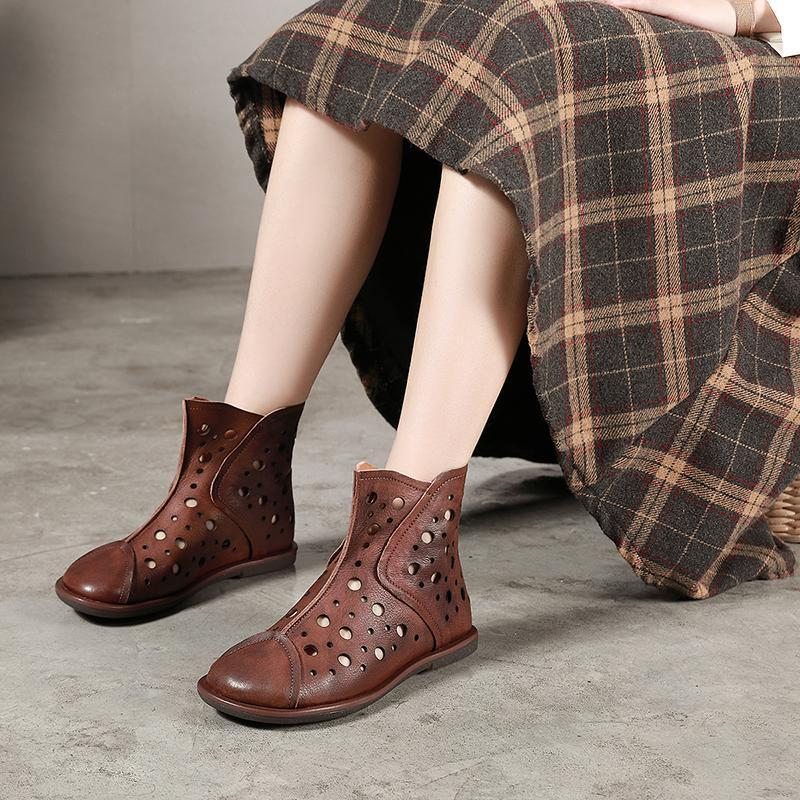 Nouvelles Bottes En Cuir Rétro Creuses Faites À La Main Pour Femmes