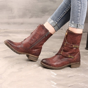 Printemps Automne Femmes Cuir Rétro Vin Rouge Bottes