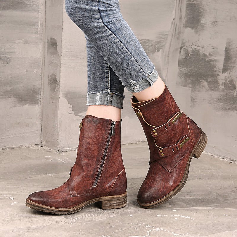 Printemps Automne Femmes Cuir Rétro Vin Rouge Bottes