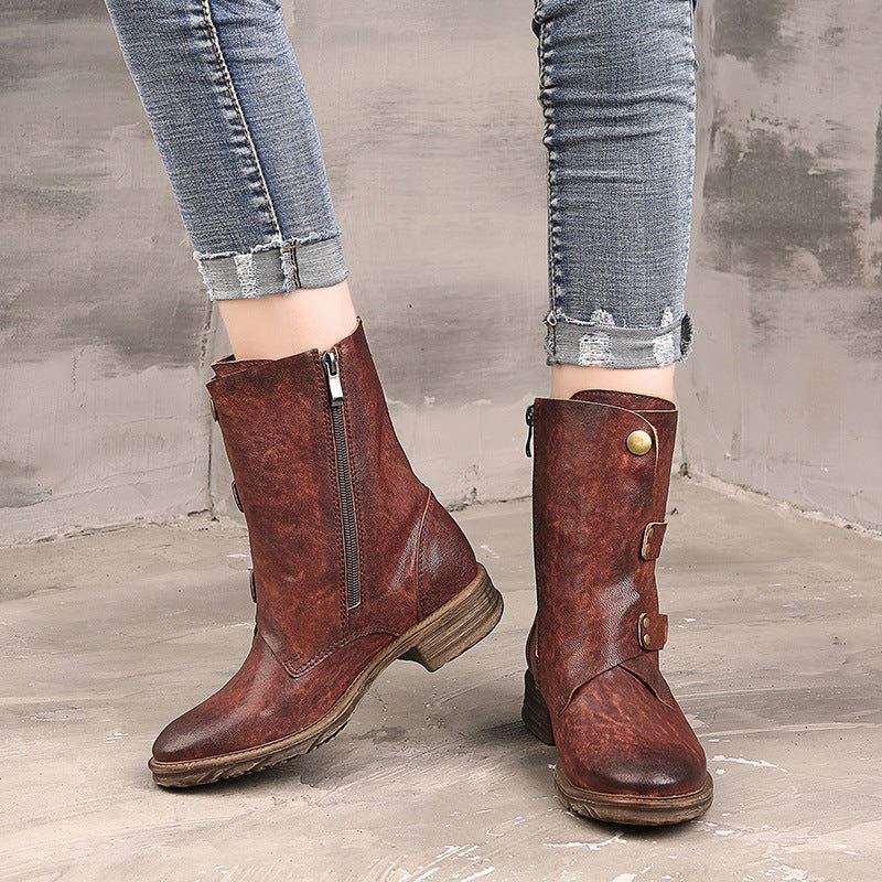 Printemps Automne Femmes Cuir Rétro Vin Rouge Bottes