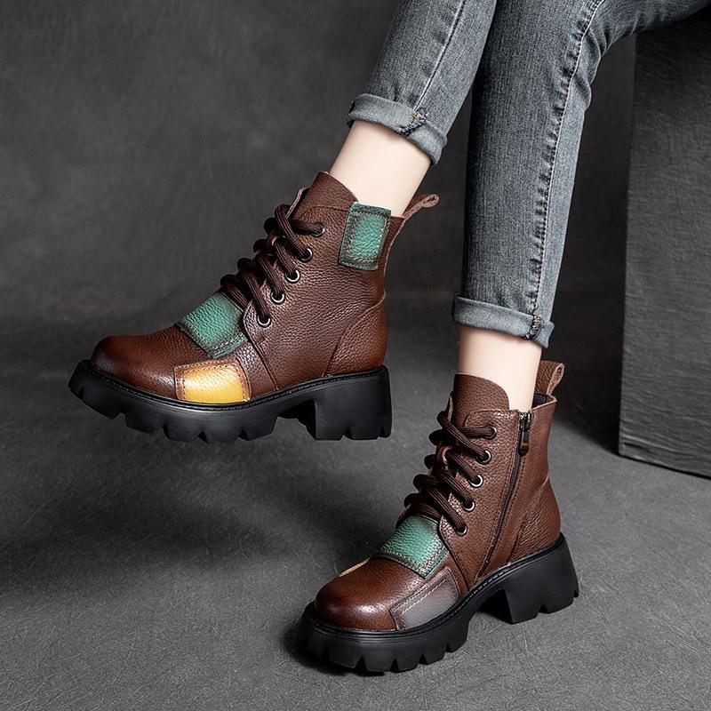 Printemps Automne Patchwork Bottes En Cuir À Tête Ronde