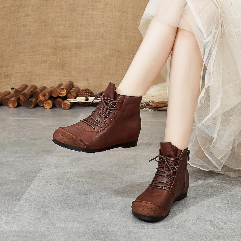 Printemps Automne Rétro Casual Bottes Pour Femmes En Cuir Faites À La Main