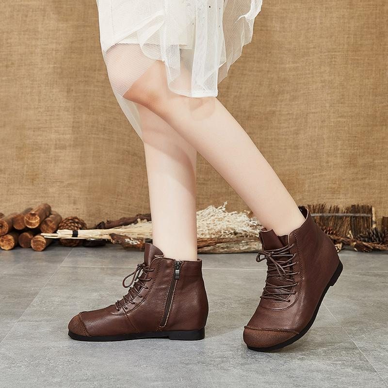 Printemps Automne Rétro Casual Bottes Pour Femmes En Cuir Faites À La Main