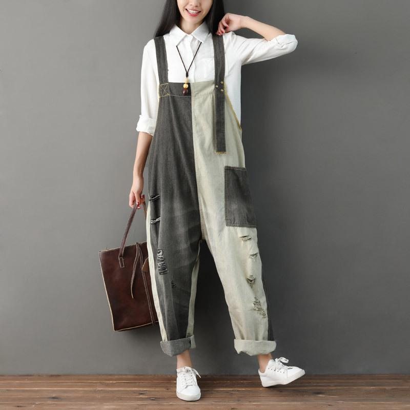 Automne Déchiré Patchwork Lâche Casual Coton Denim Jumpsuit