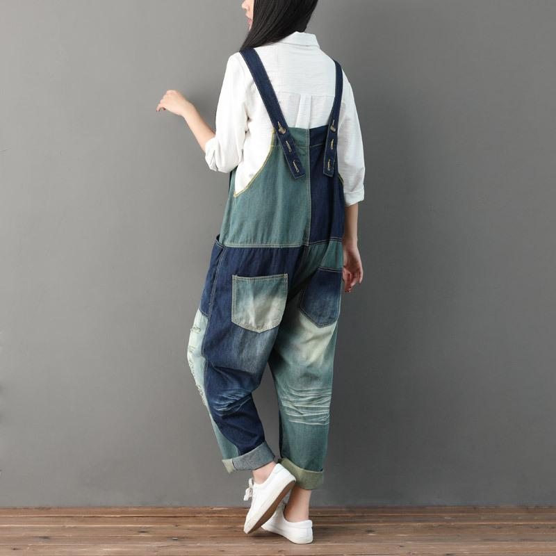 Automne Déchiré Patchwork Lâche Casual Coton Denim Jumpsuit