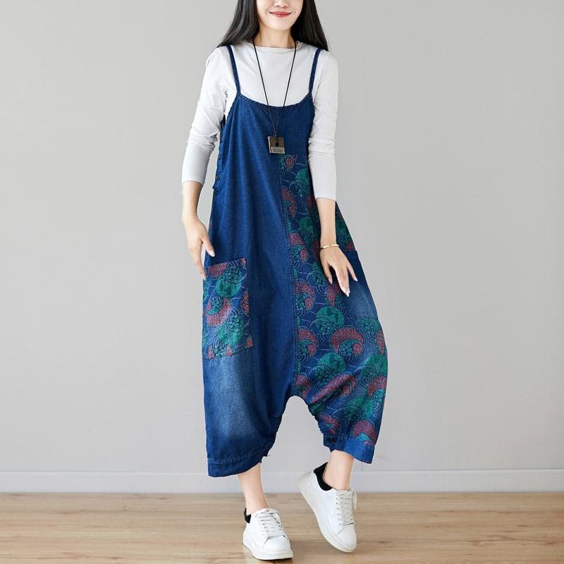 Automne Denim Bib Loose Hanging Retro Imprimé Jupe Jumpsuit